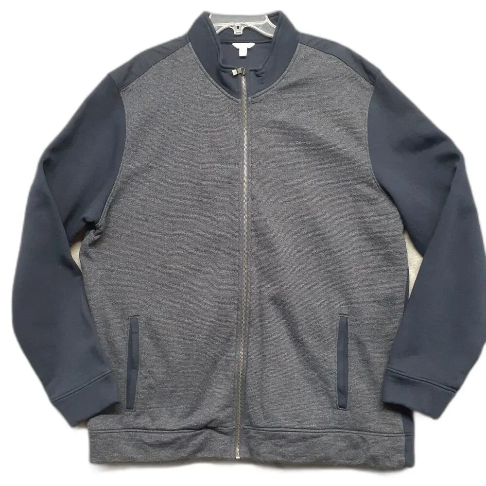 Calvin Klein Men XXL Navy Blue Gray Full Zip Mock Neck Sweatshirt Fleece Jacket